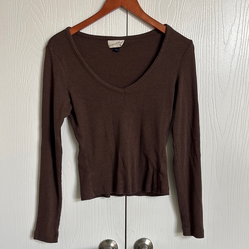 Brown V-Neck Long Sleeve Top